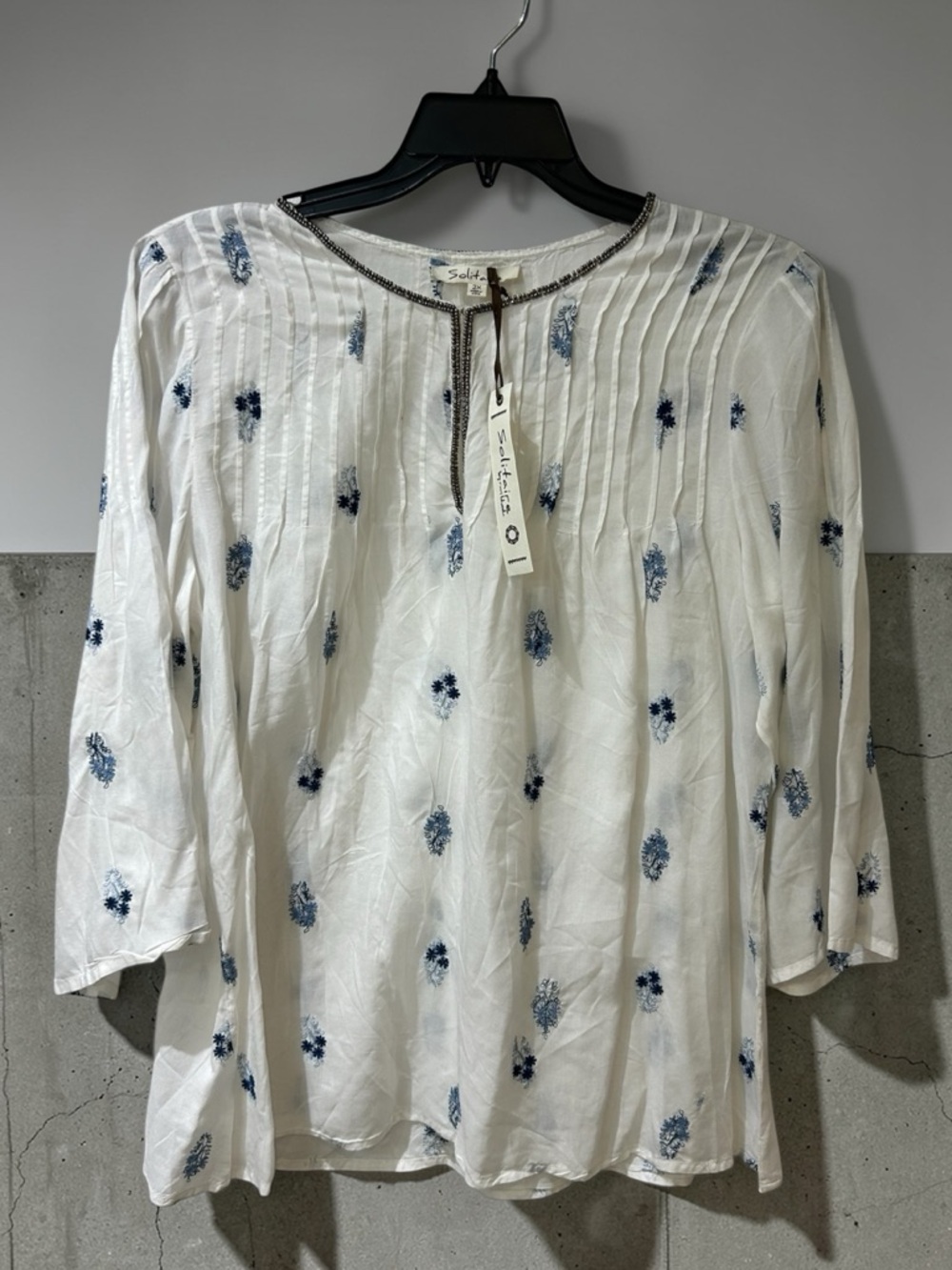 Solitaire White Blouse with Blue Embroidery and Metallic Trim